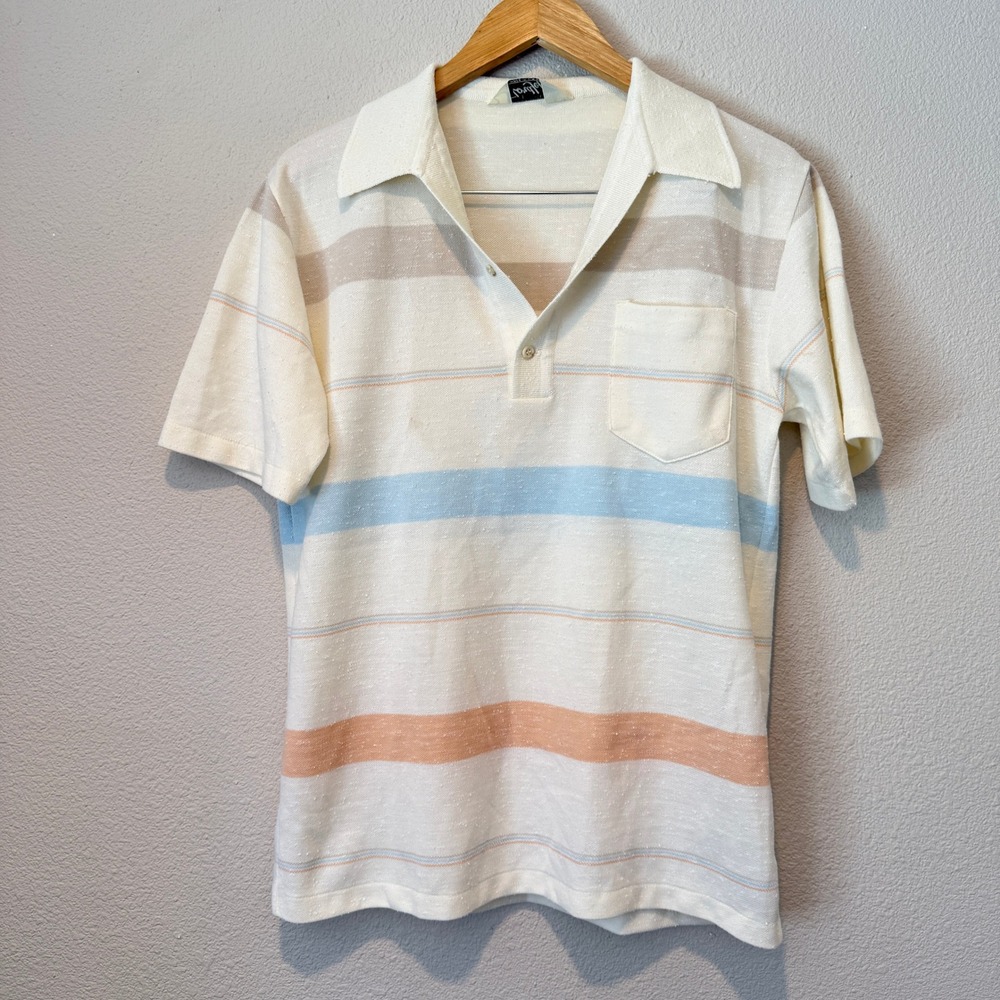 Vintage Lord Jeff Mens Knit Polo Shirt Medium Striped Pastel Made in USA 70s 80s